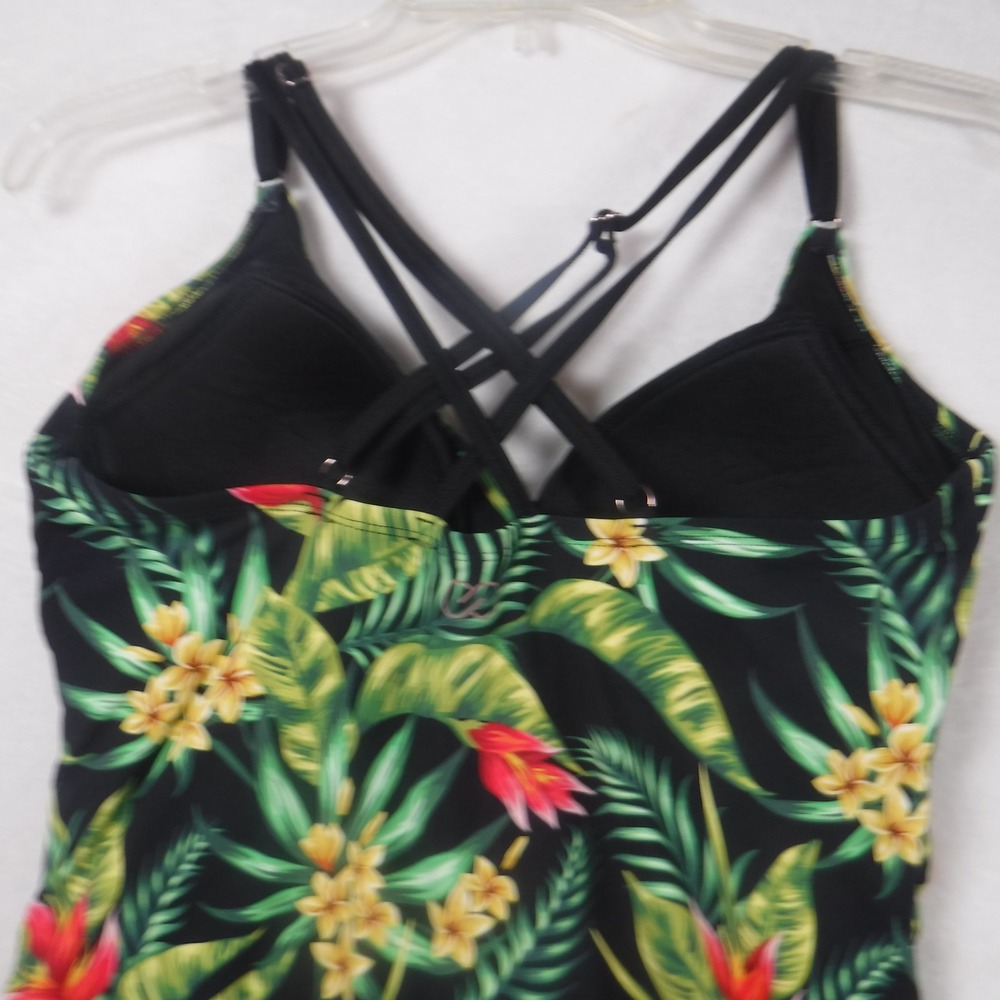 Calia by Carrie Underwood Tropical Floral Tankini Set Black Green Medium - Picture 5 of 13